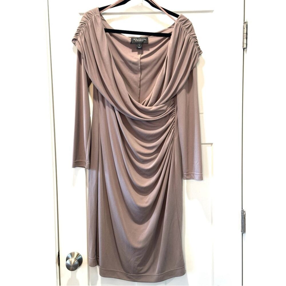 St John Couture Taupe Draped Off Shoulder Ruched Cocktail Dress Size 12